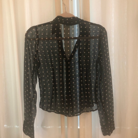 Sheer black polka dot button up blouse with collar and tie - Picture 3 of 4